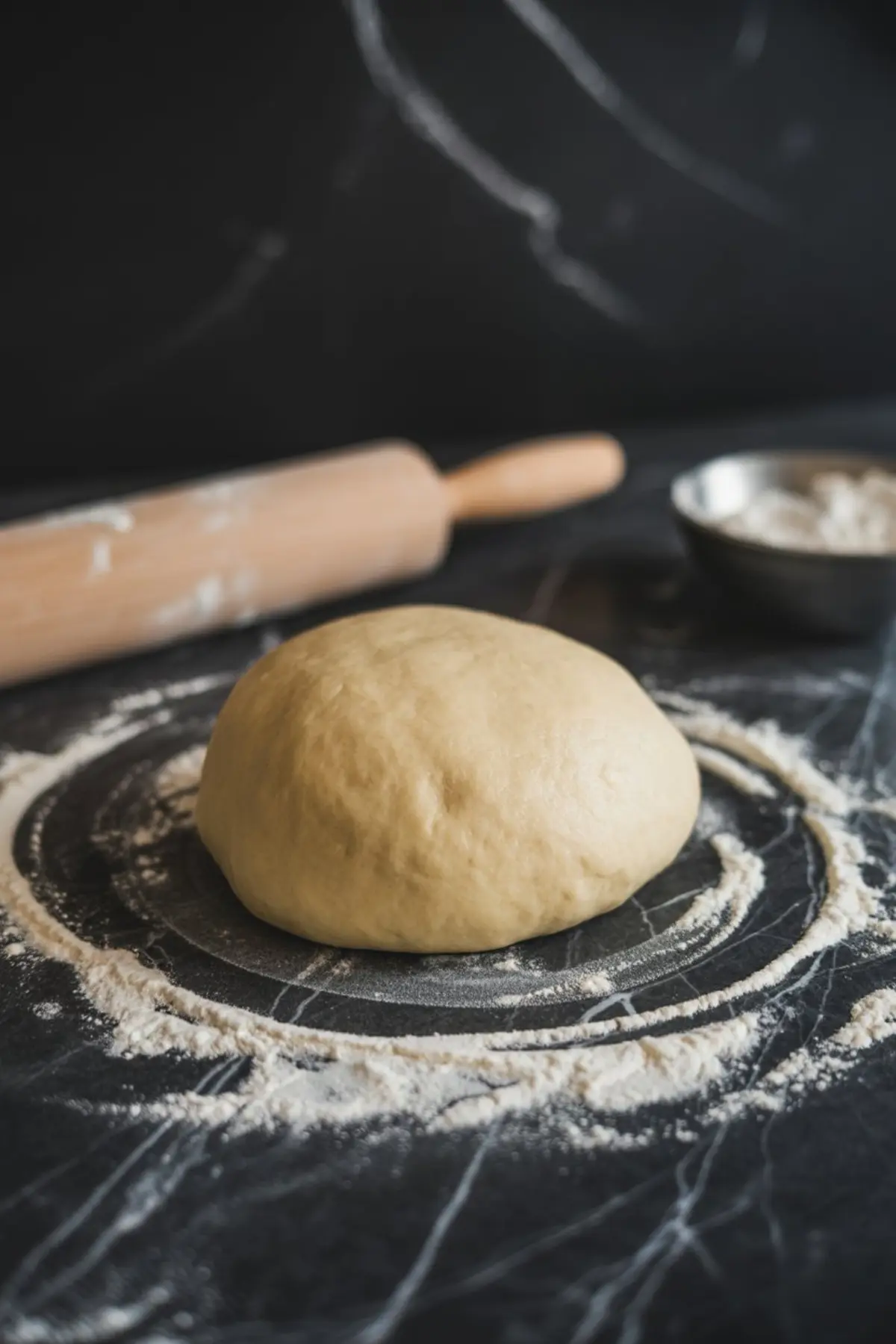 Ball of dough on a floured black marble surface with a wooden rolling pin and small bowl of flour in the background.