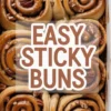 Baking dish filled with unbaked sticky buns swirled with cinnamon sugar and topped with pecans, labeled “Easy Sticky Buns.”