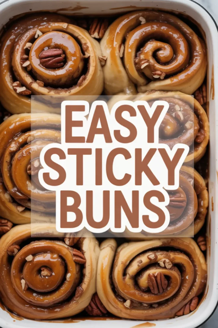 Baking dish filled with unbaked sticky buns swirled with cinnamon sugar and topped with pecans, labeled “Easy Sticky Buns.”