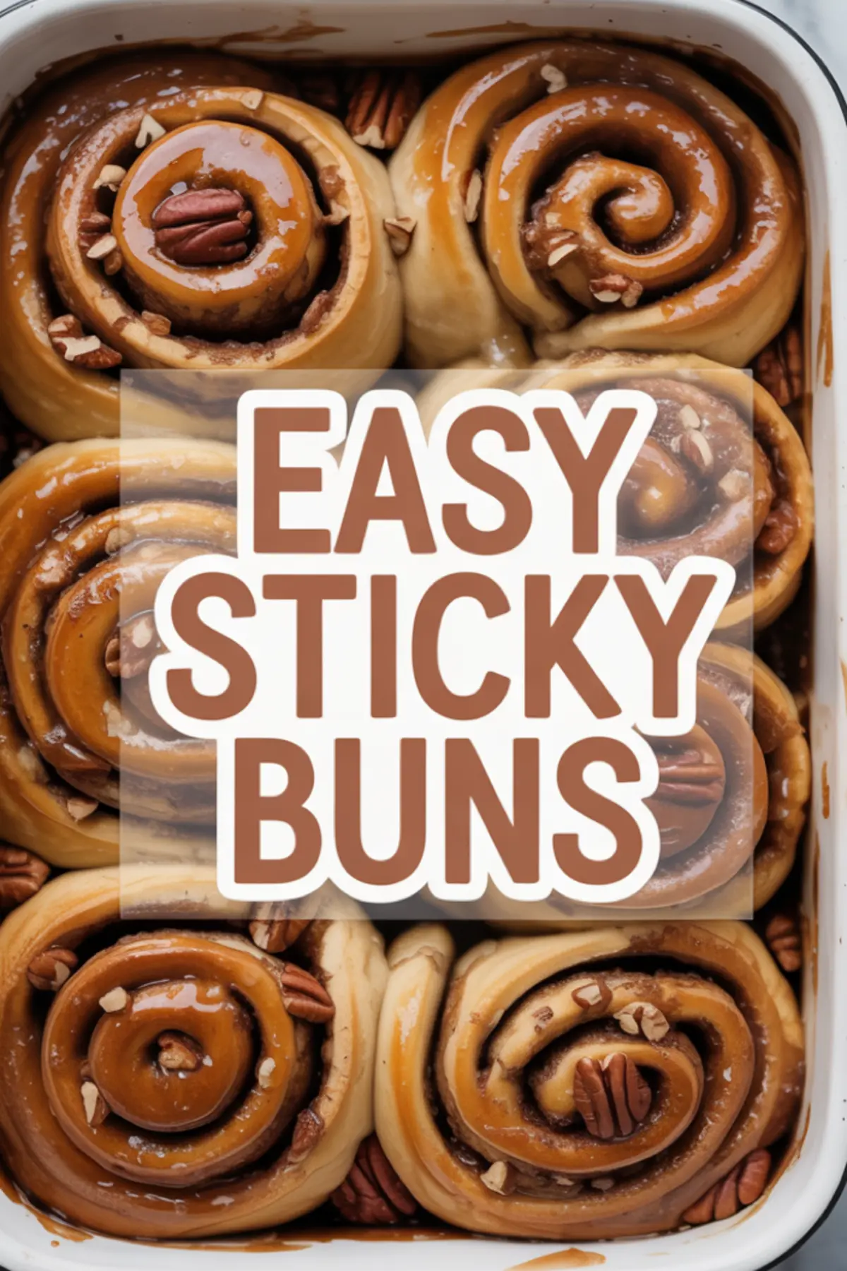 Baking dish filled with unbaked sticky buns swirled with cinnamon sugar and topped with pecans, labeled “Easy Sticky Buns.”