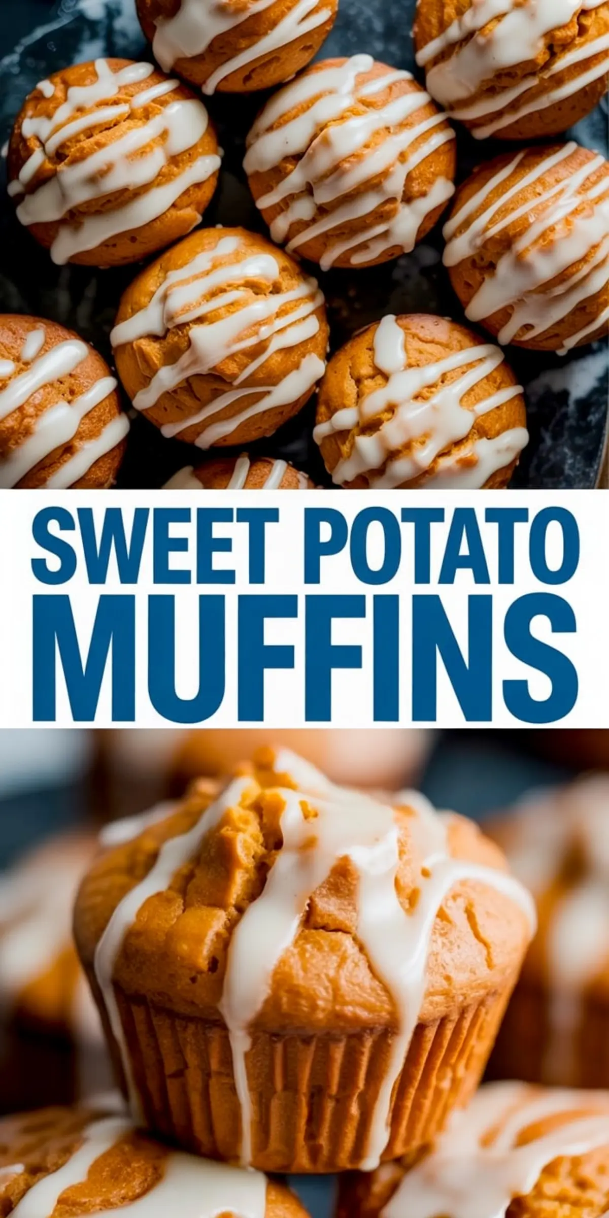 Collage image of sweet potato muffins topped with icing glaze, highlighting their golden baked texture and soft crumb.