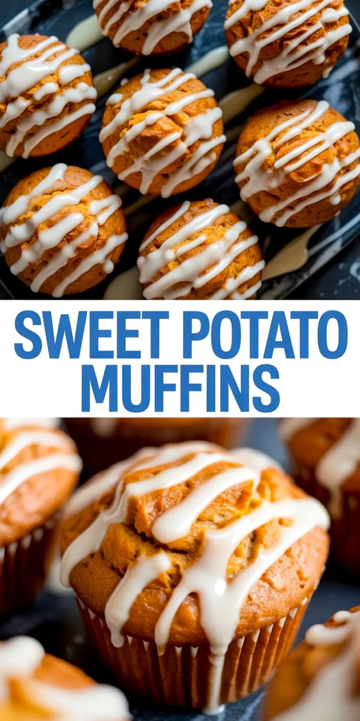 Collage image of sweet potato muffins drizzled with white icing, showing close-up views of golden brown muffins with a soft, fluffy texture.