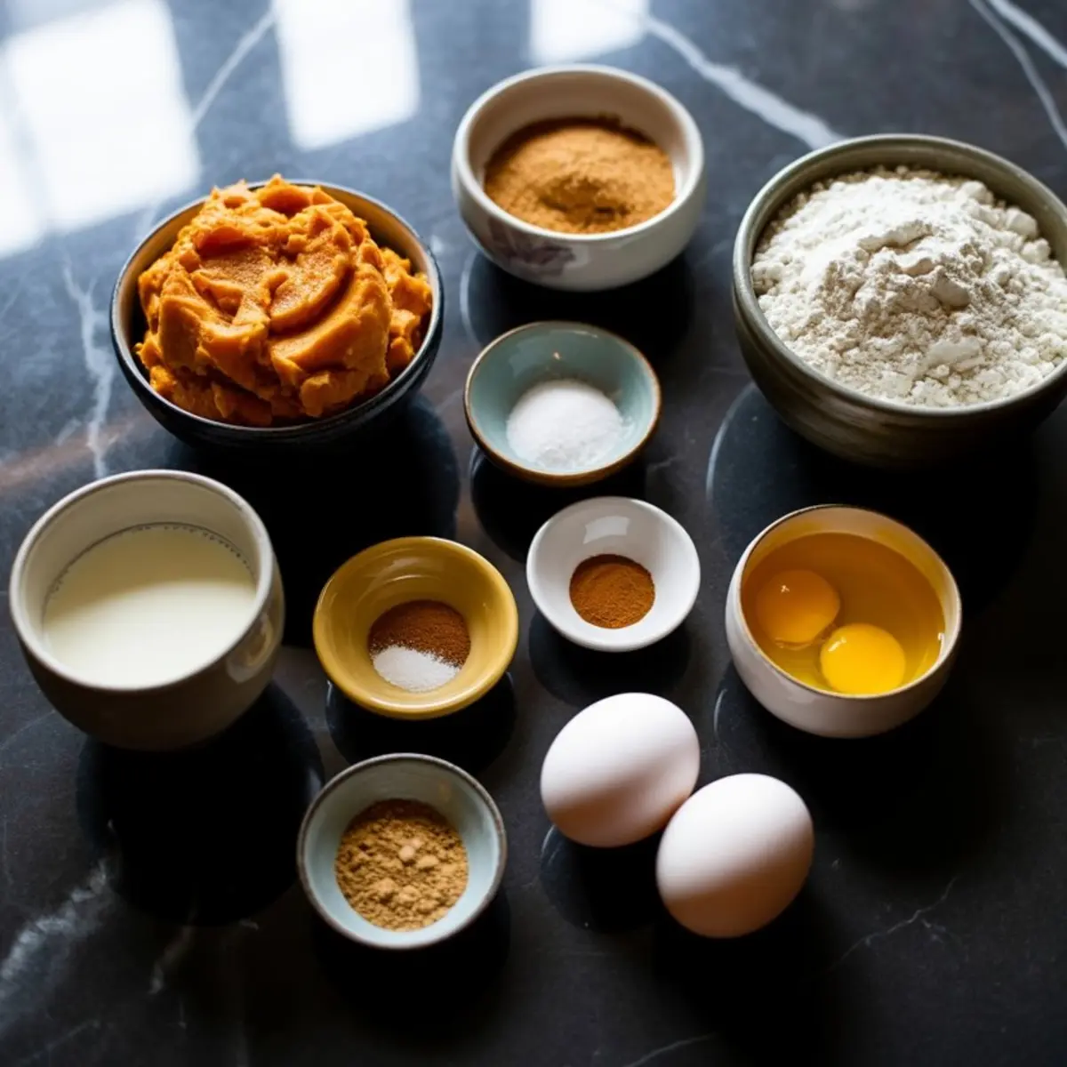 Overhead shot of baking ingredients for sweet potato muffins, including mashed sweet potato, flour, sugar, eggs, milk, and spices arranged in bowls.