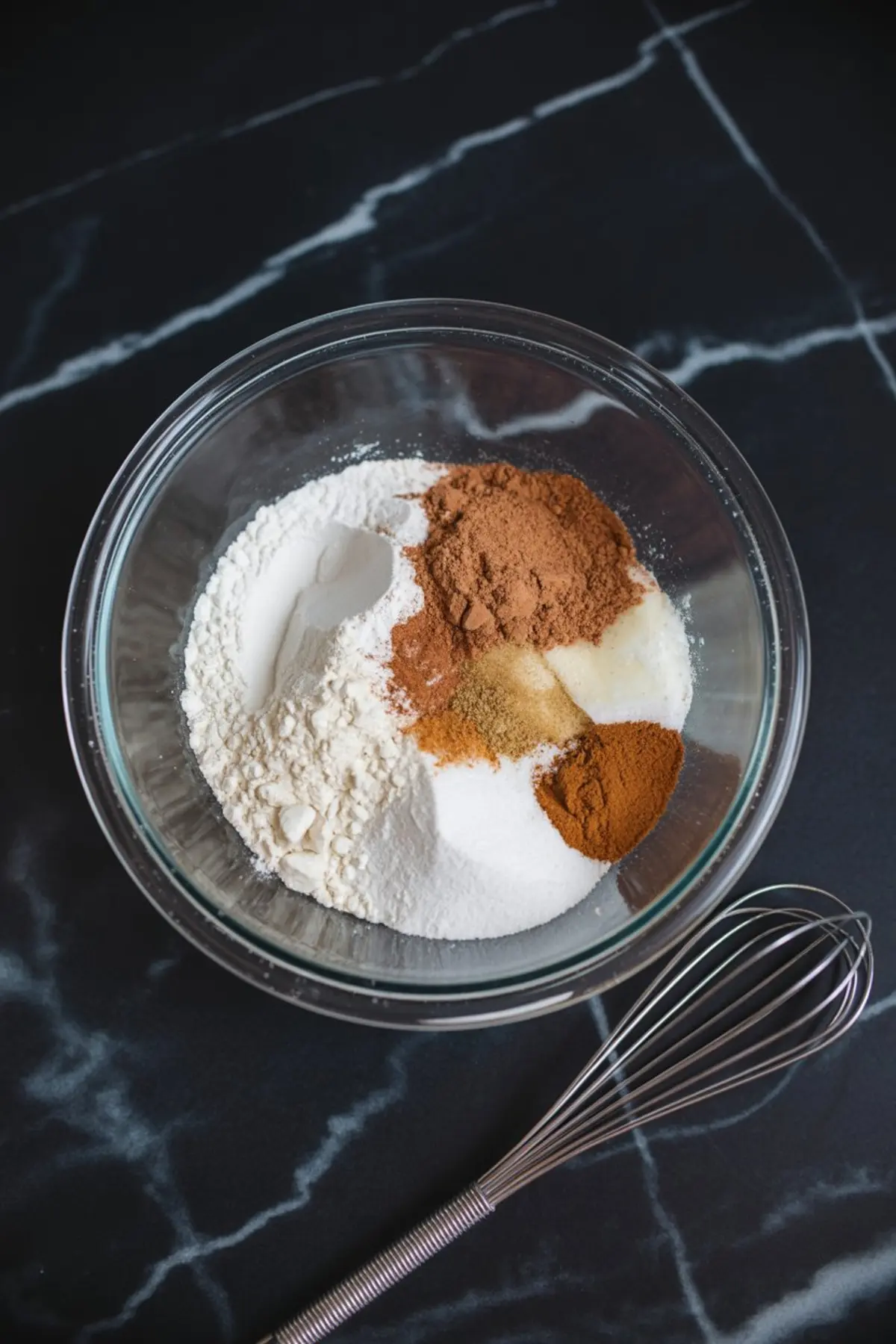 Glass mixing bowl with flour, sugar, and spices including cinnamon and nutmeg, ready to be whisked for sweet potato muffins.