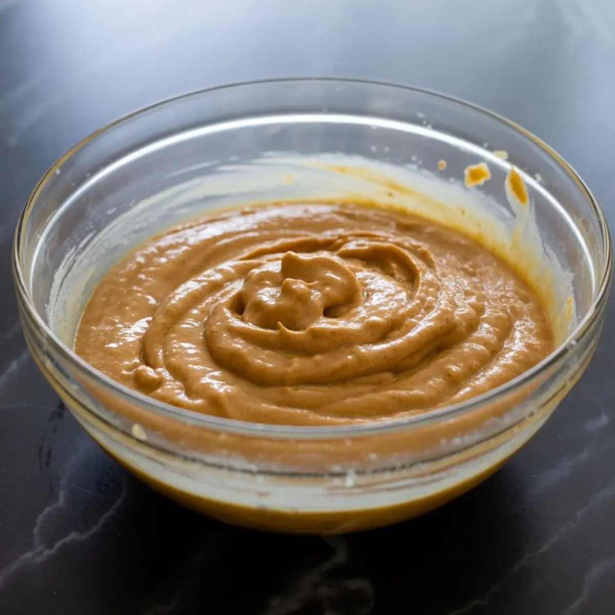 Bowl of smooth sweet potato muffin batter with a creamy, spiced consistency ready for baking.