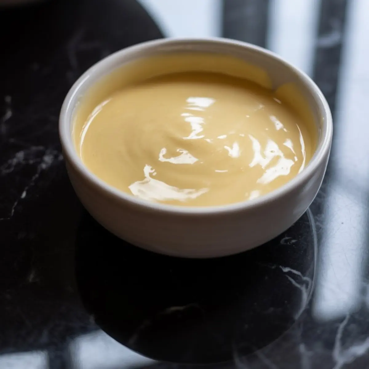 Small bowl of thick, creamy glaze for sweet potato muffins, placed on a dark countertop.