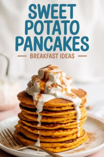 Stack of sweet potato pancakes topped with whipped cream, cinnamon, and maple syrup on a white plate, with a fork resting beside, promoting breakfast ideas.