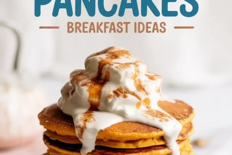 Stack of sweet potato pancakes topped with whipped cream, cinnamon, and maple syrup on a white plate, with a fork resting beside, promoting breakfast ideas.