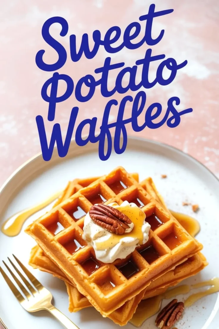 Stack of sweet potato waffles topped with whipped cream, maple syrup, and pecans on a white plate with gold utensils.