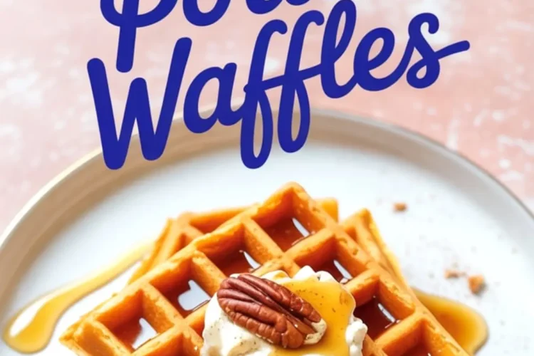 Stack of sweet potato waffles topped with whipped cream, maple syrup, and pecans on a white plate with gold utensils.