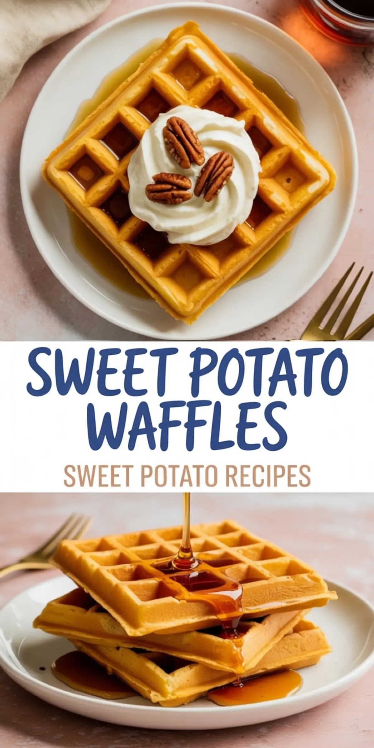 Collage image showing sweet potato waffles served two ways—top view with whipped cream and pecans, and side view with maple syrup being poured over a waffle stack.