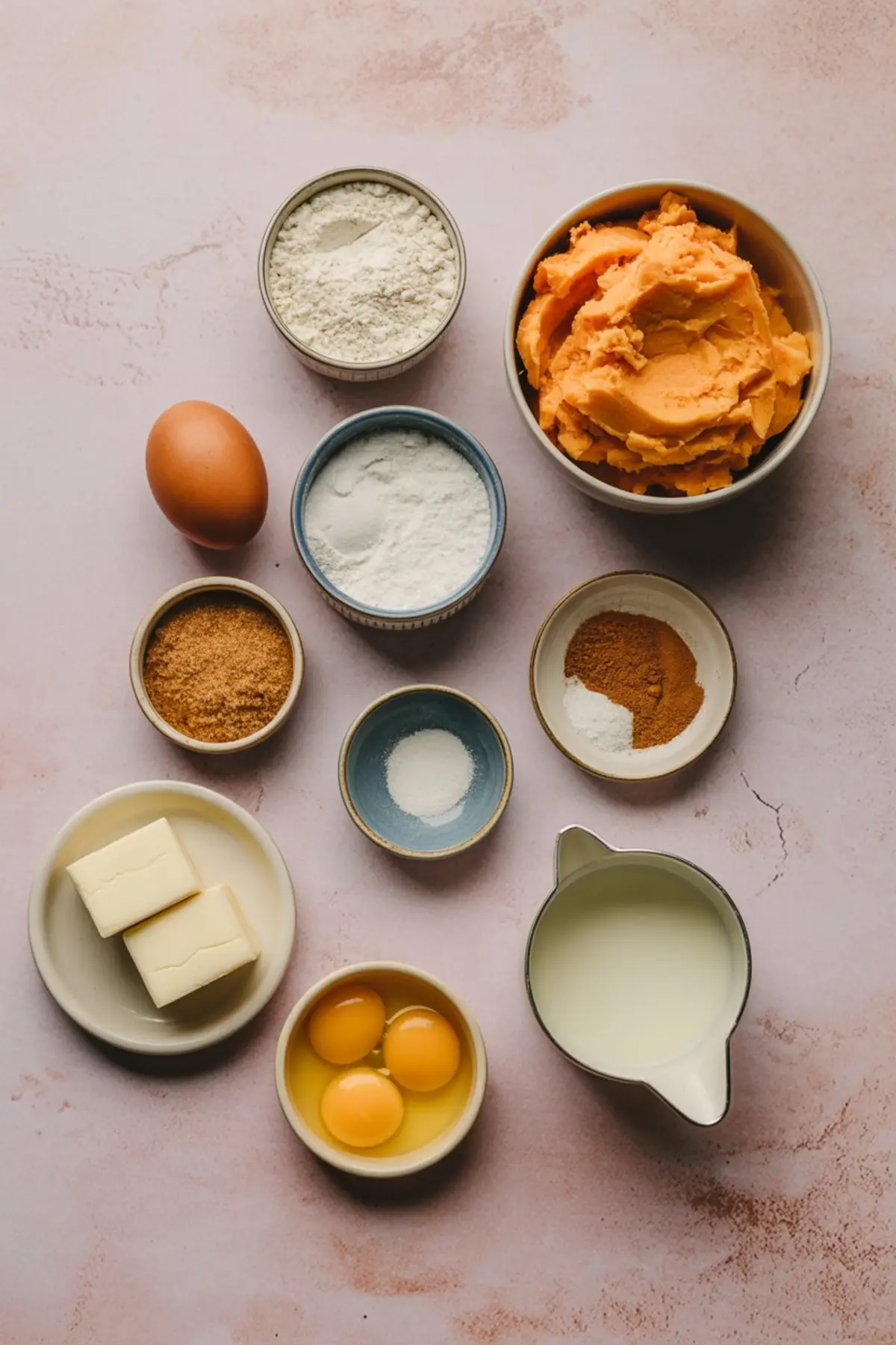 Flat lay of sweet potato waffle ingredients on a pink surface, including mashed sweet potatoes, flour, sugar, eggs, milk, butter, and spices.