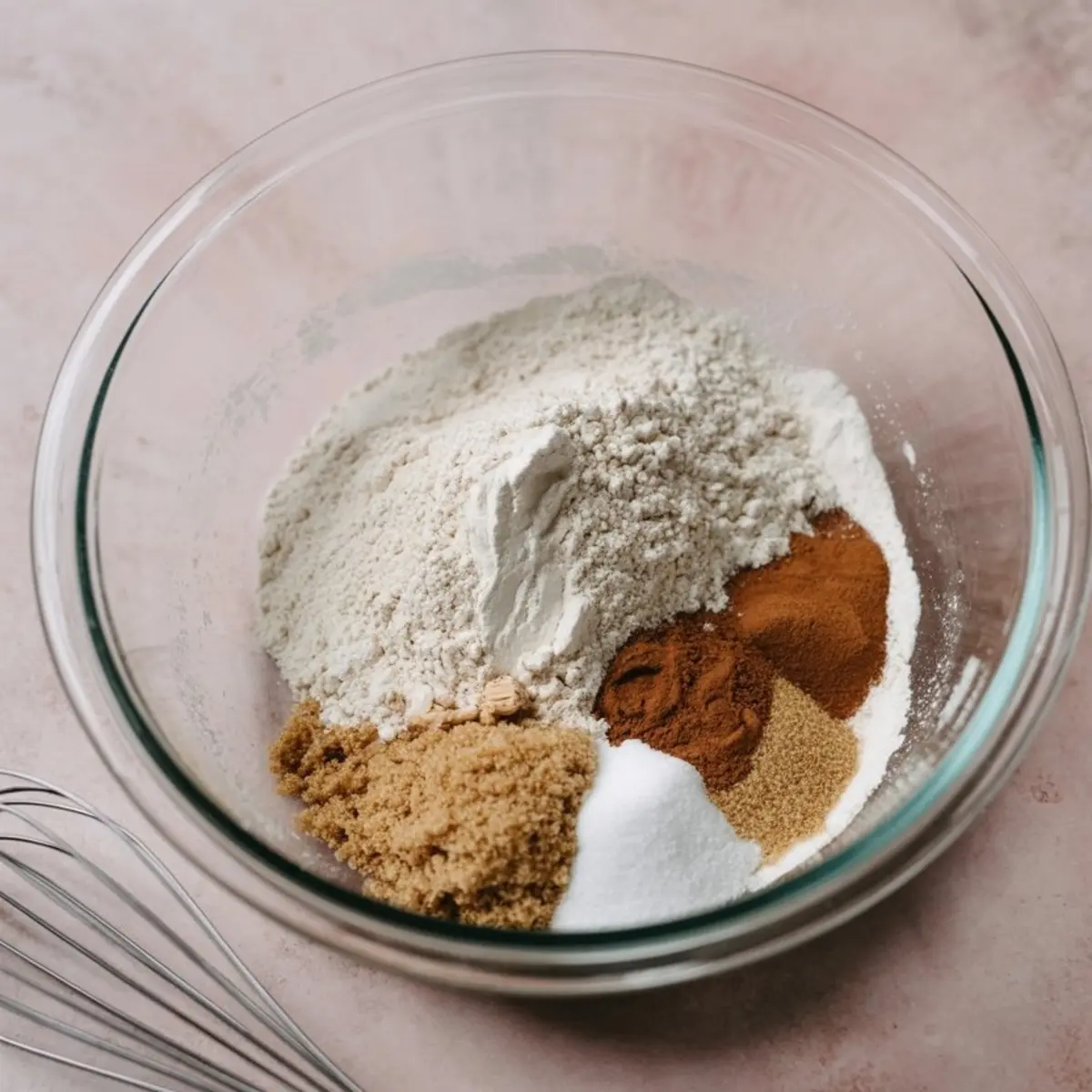 Glass bowl filled with flour, brown sugar, cinnamon, nutmeg, ginger, and baking powder arranged in separated piles.
