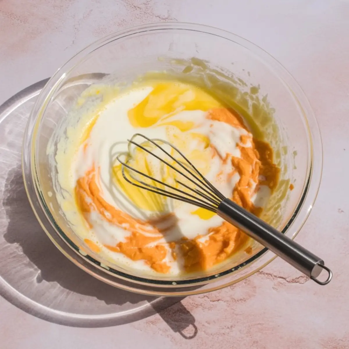 Glass bowl containing a mixture of mashed sweet potatoes, eggs, milk, and melted butter being whisked together.