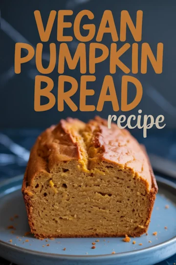 Sliced vegan pumpkin bread loaf on a gray plate with bold text overlay “Vegan Pumpkin Bread recipe,” showing a golden, tender crumb and lightly browned crust.