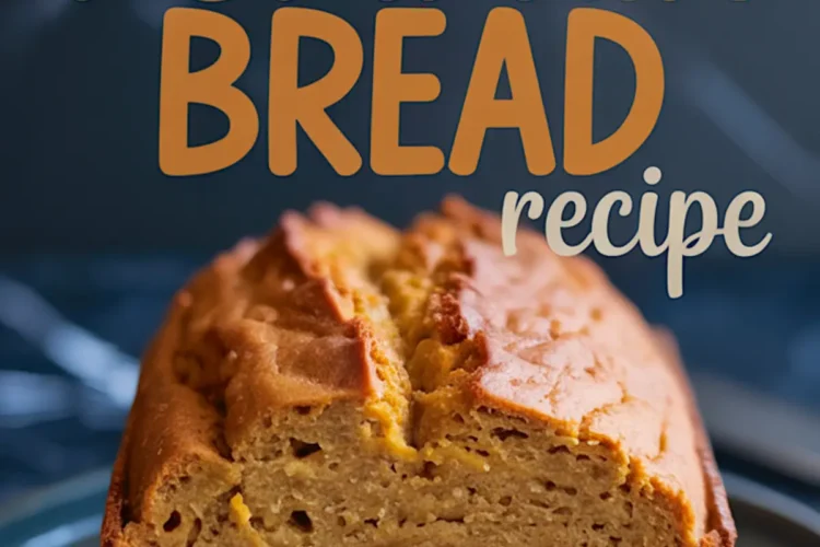 Sliced vegan pumpkin bread loaf on a gray plate with bold text overlay “Vegan Pumpkin Bread recipe,” showing a golden, tender crumb and lightly browned crust.