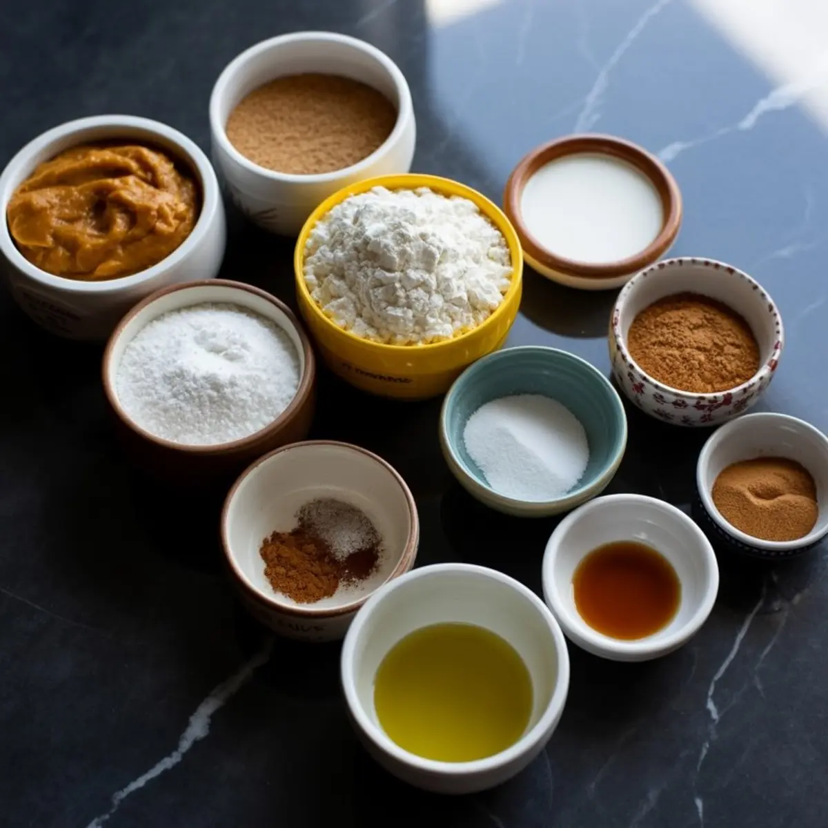 Flat lay of vegan pumpkin bread ingredients on a dark marble surface, including pumpkin purée, flour, coconut sugar, baking powder, almond milk, cinnamon, nutmeg, ginger, vanilla extract, olive oil, and sea salt in individual bowls.