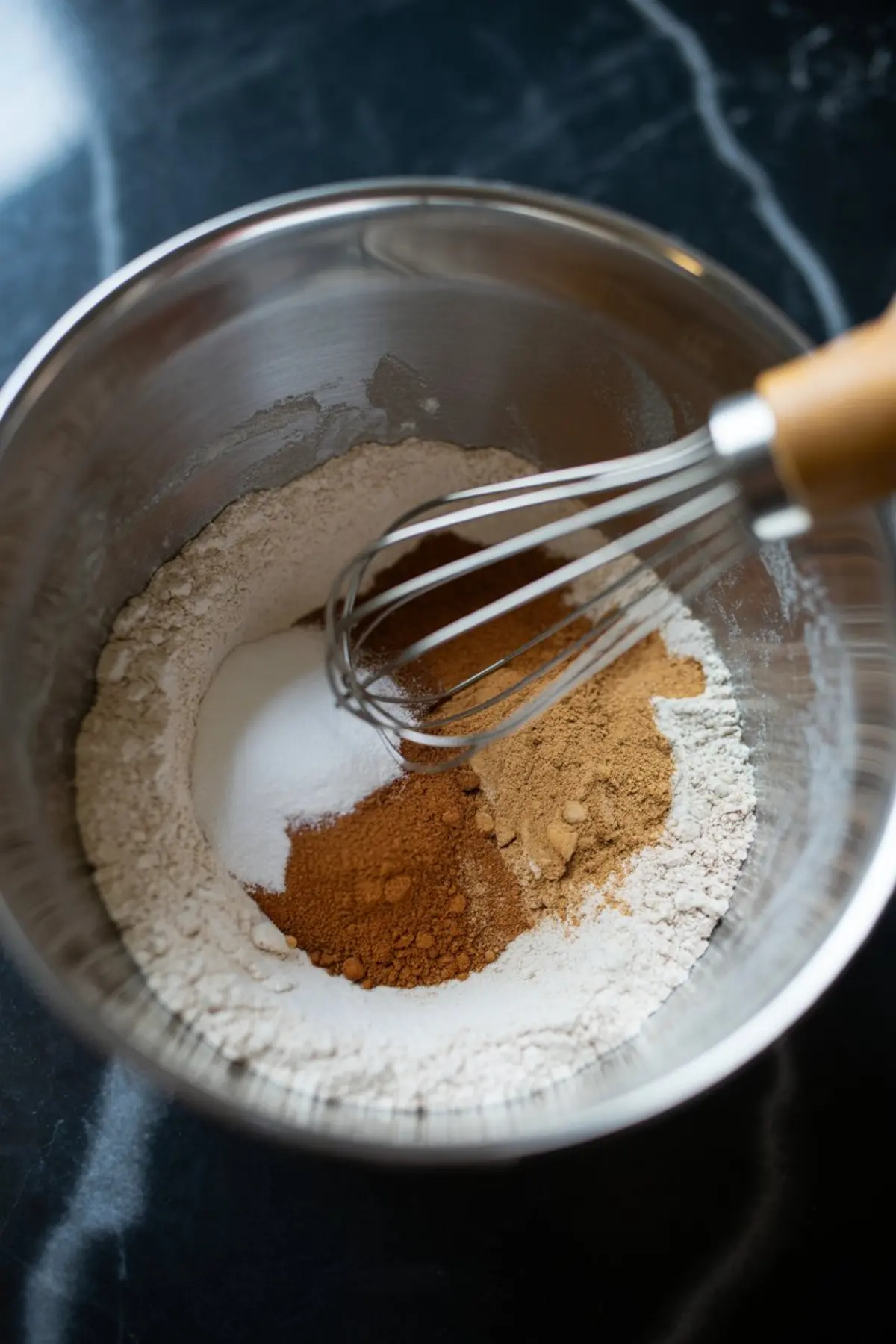 Dry ingredients for vegan pumpkin bread, including flour, baking soda, cinnamon, ginger, and nutmeg, arranged in a mixing bowl with a whisk on a black countertop.
