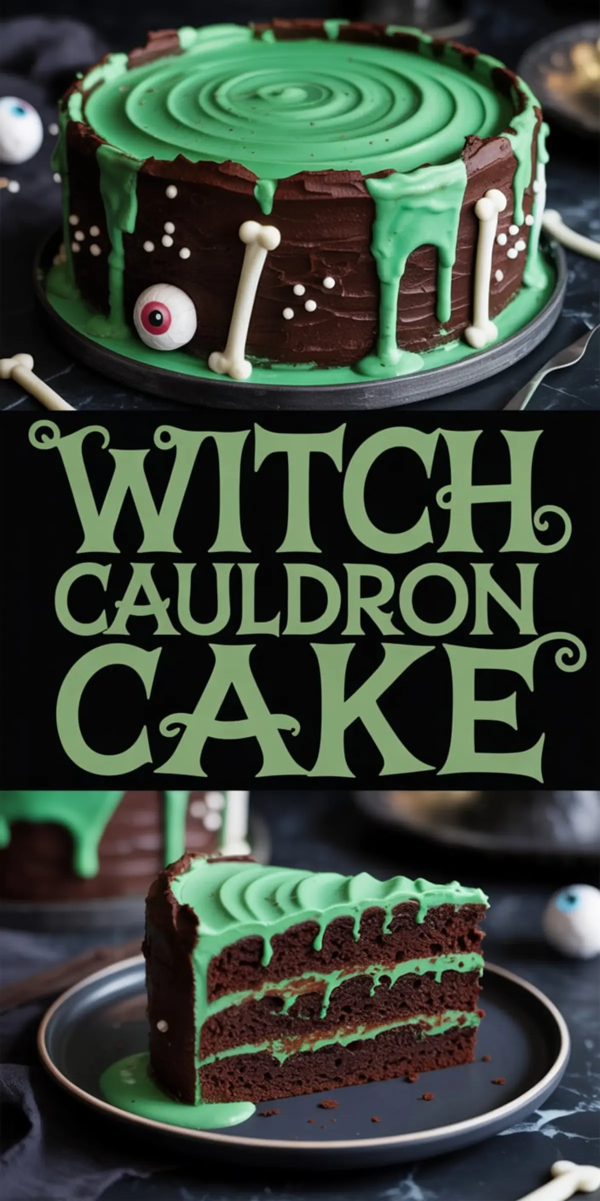Chocolate witch cauldron cake with vibrant green frosting, bone-shaped decorations, candy eyeballs, and bubbling swirl top, shown whole and sliced to reveal rich chocolate layers and gooey green filling.