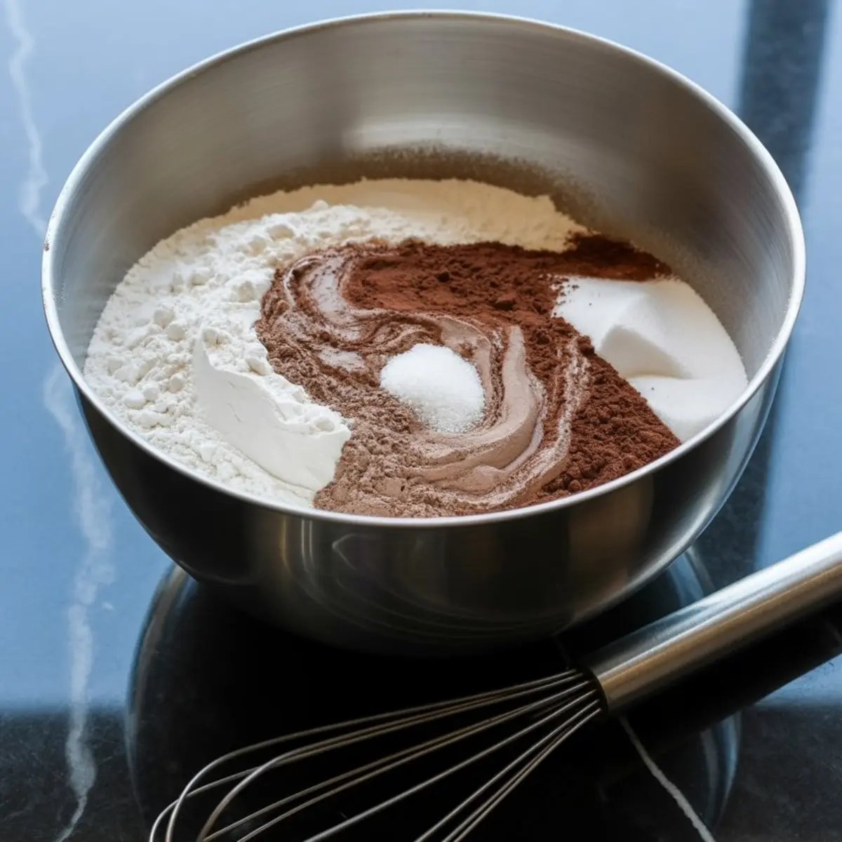Large metal mixing bowl filled with dry baking ingredients including flour, cocoa powder, sugar, and salt, arranged in a spiral pattern with a metal whisk beside the bowl.