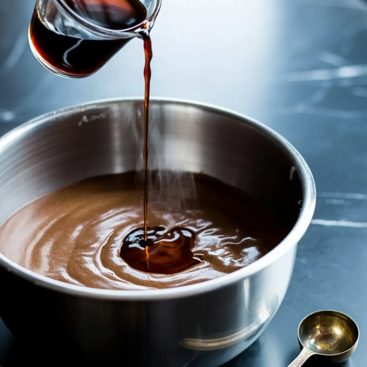 Chocolate cake batter in a metal bowl with vanilla extract being poured in from a small glass container, placed on a dark countertop with a measuring spoon nearby.