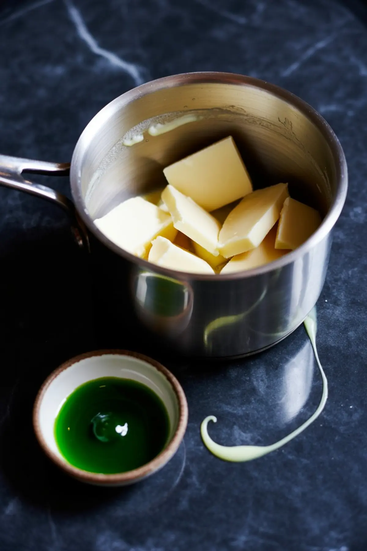 Chunks of butter melting in a saucepan next to a small ceramic bowl of bright green food coloring gel, both set on a black marble surface with a swirl of dripped liquid.