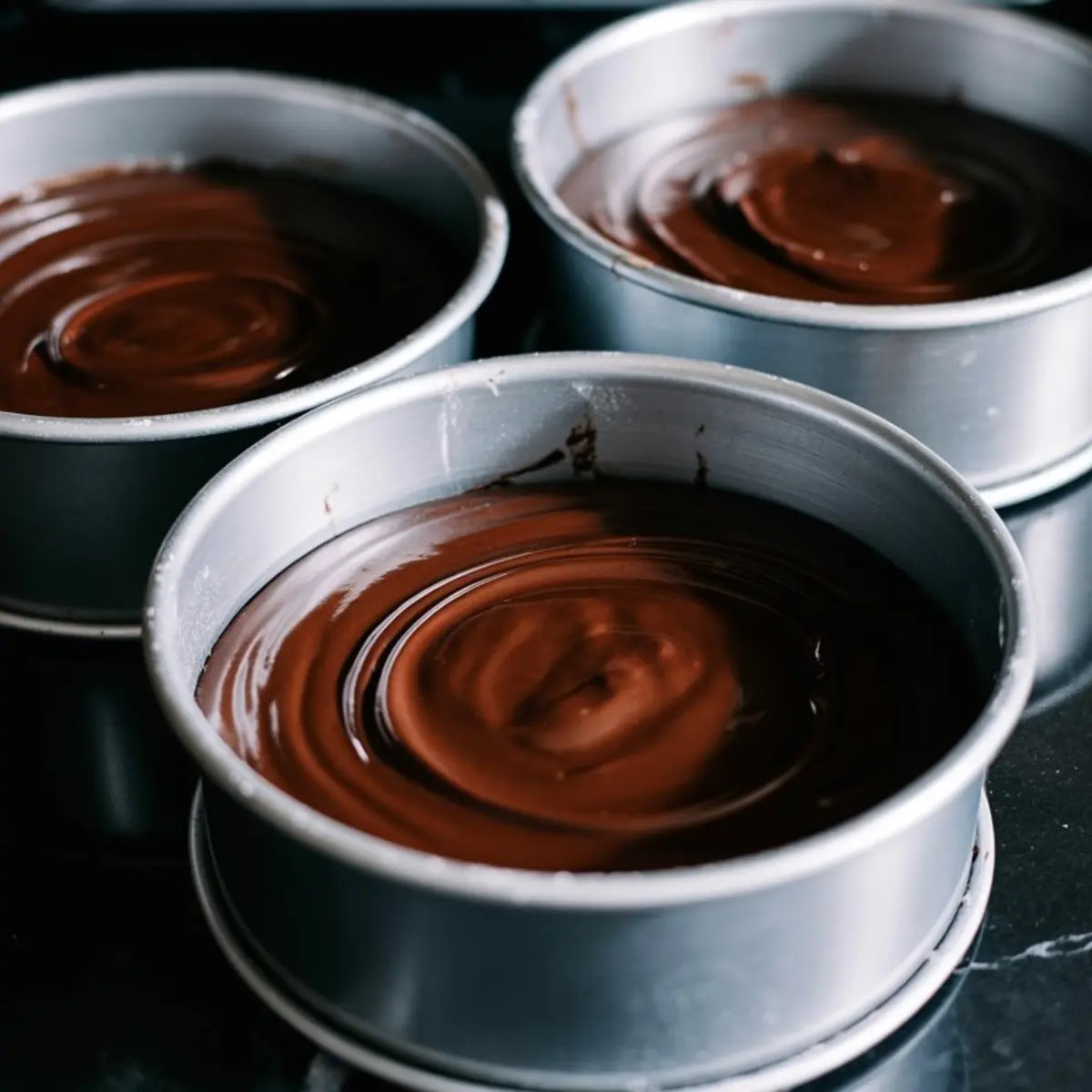 Three round cake pans filled with smooth chocolate cake batter, ready to be baked, placed side-by-side on a dark kitchen counter.