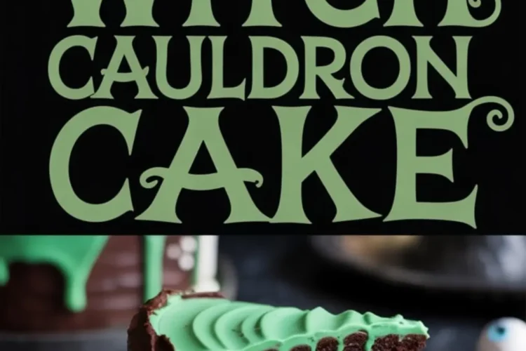 Slice of witch cauldron cake with deep chocolate layers and vivid green frosting, topped with dripping glaze and decorated exterior, shown with stylized text “Witch Cauldron Cake.”