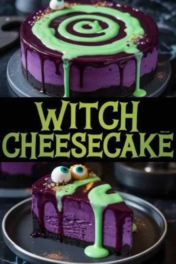 Purple witch cheesecake with a black cookie crust and green spiral glaze, topped with candy eyes, with a close-up of a sliced piece below, showcasing the vibrant texture and dripping glaze.