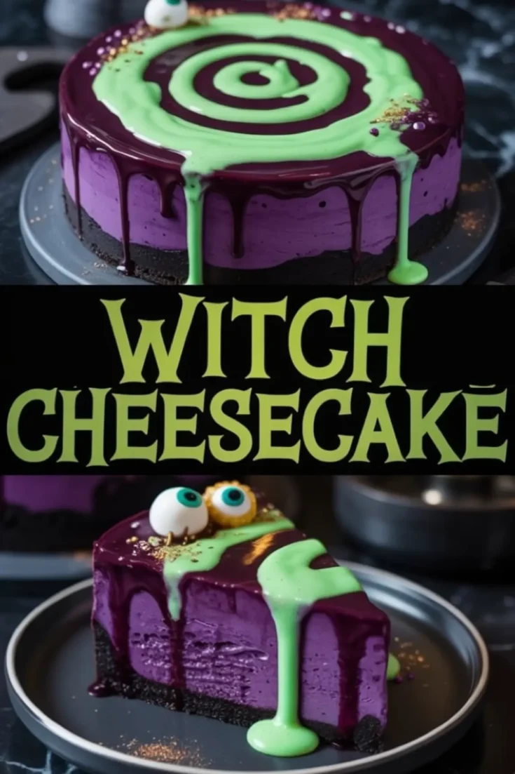 Purple witch cheesecake with a black cookie crust and green spiral glaze, topped with candy eyes, with a close-up of a sliced piece below, showcasing the vibrant texture and dripping glaze.