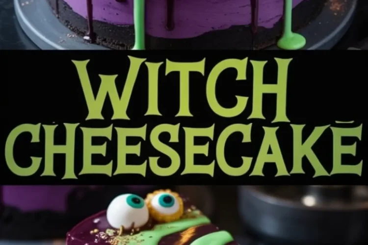 Purple witch cheesecake with a black cookie crust and green spiral glaze, topped with candy eyes, with a close-up of a sliced piece below, showcasing the vibrant texture and dripping glaze.