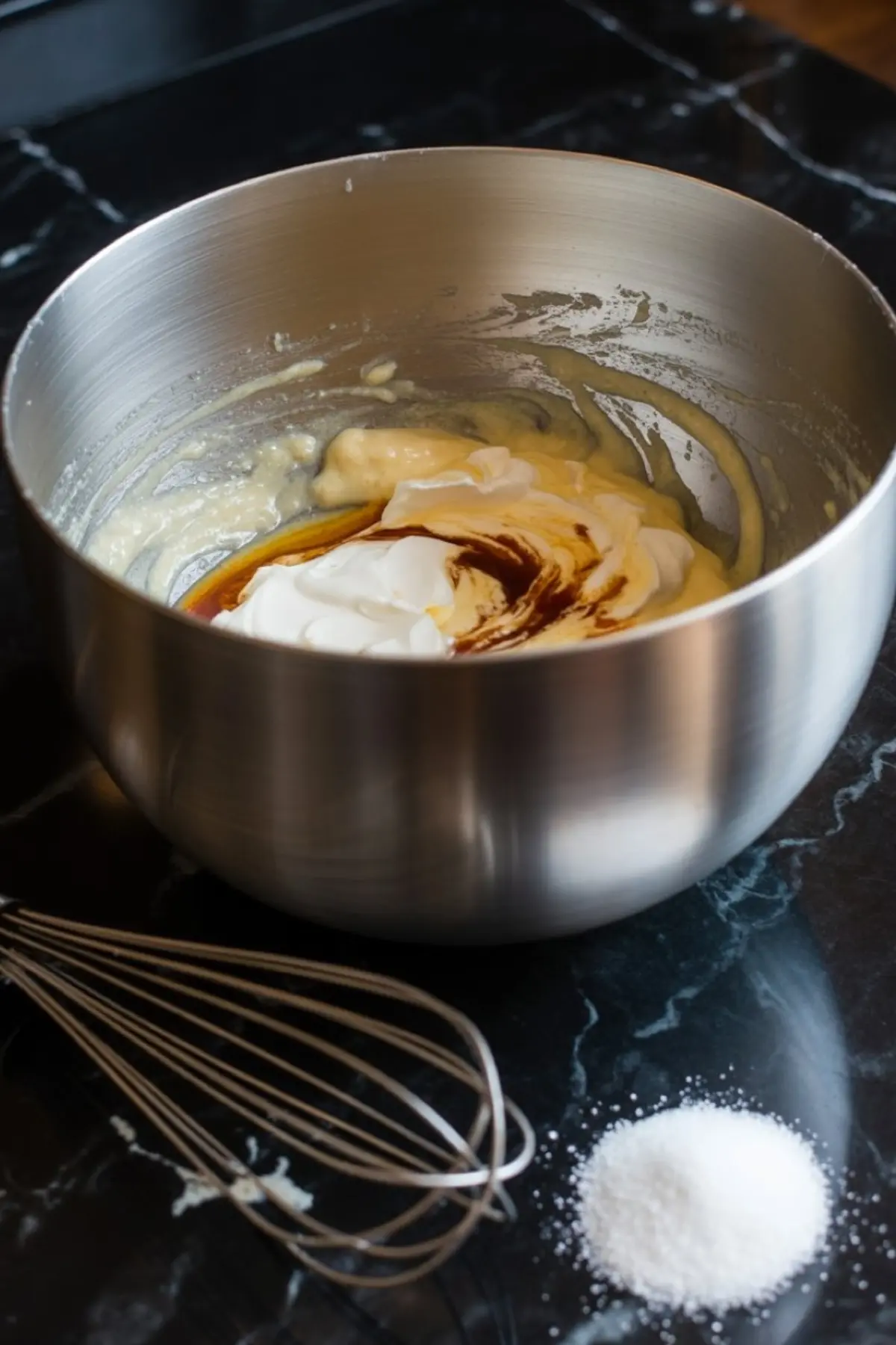 Creamy cheesecake filling ingredients in a stainless steel mixing bowl, including sour cream, vanilla extract, and sugar, with a whisk and granulated sugar on the side.