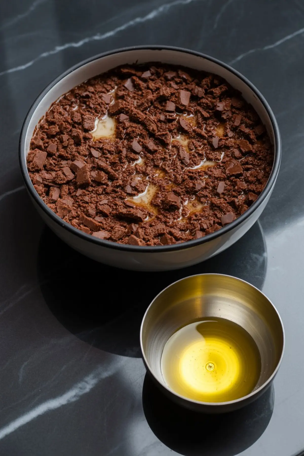 Crushed chocolate cookie pieces mixed with butter in a white bowl to form the base of a cheesecake crust, with melted butter in a small metal bowl beside it.