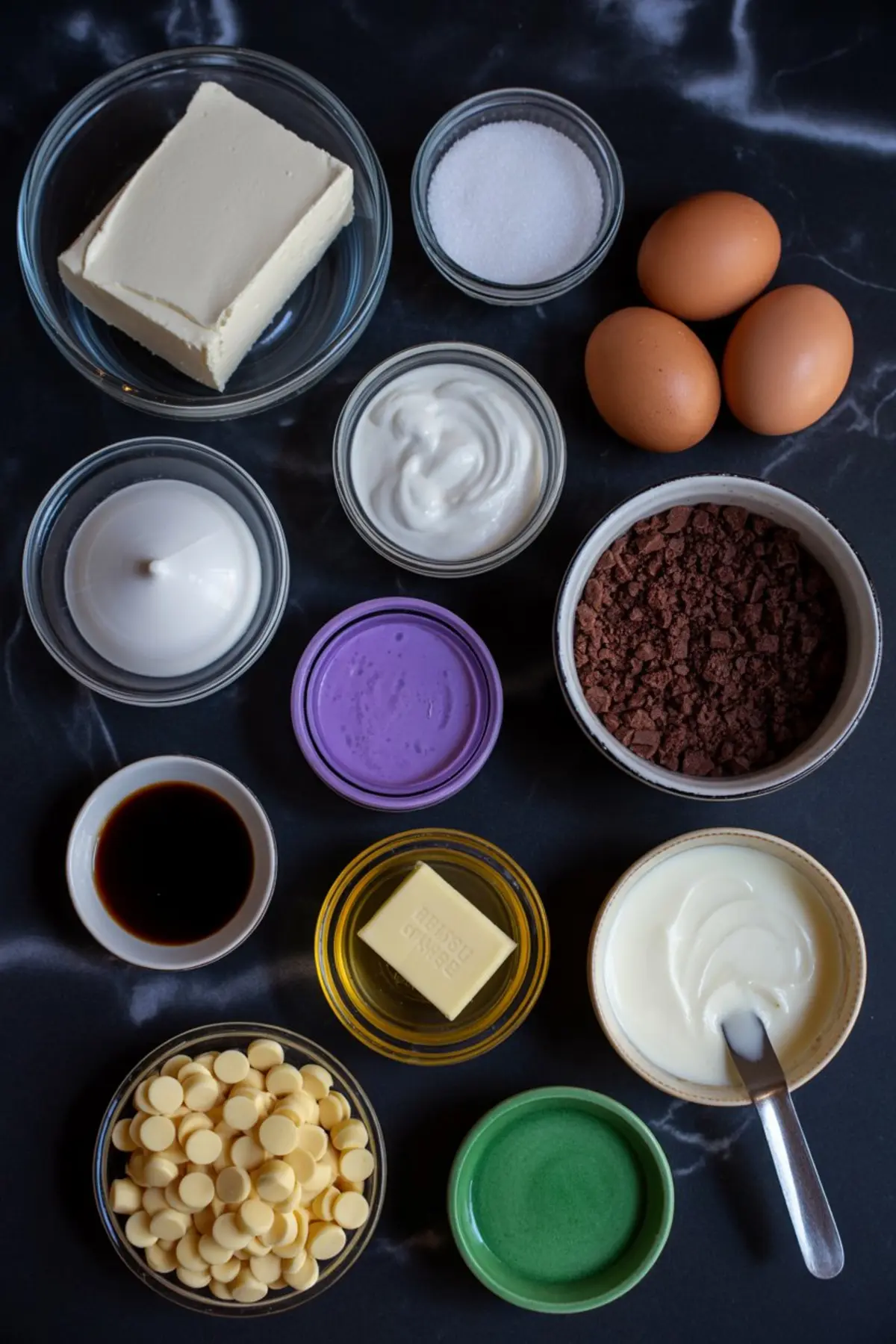 Flat lay of cheesecake ingredients including cream cheese, sugar, eggs, sour cream, chocolate cookie crumbs, food coloring, vanilla extract, white chocolate chips, and butter on a dark marble surface.