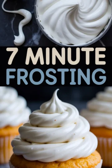Swirled 7-minute frosting in a glass bowl with a dollop on the surface, and a close-up of a golden cupcake topped with tall white frosting swirl, over “7 minute frosting” text.