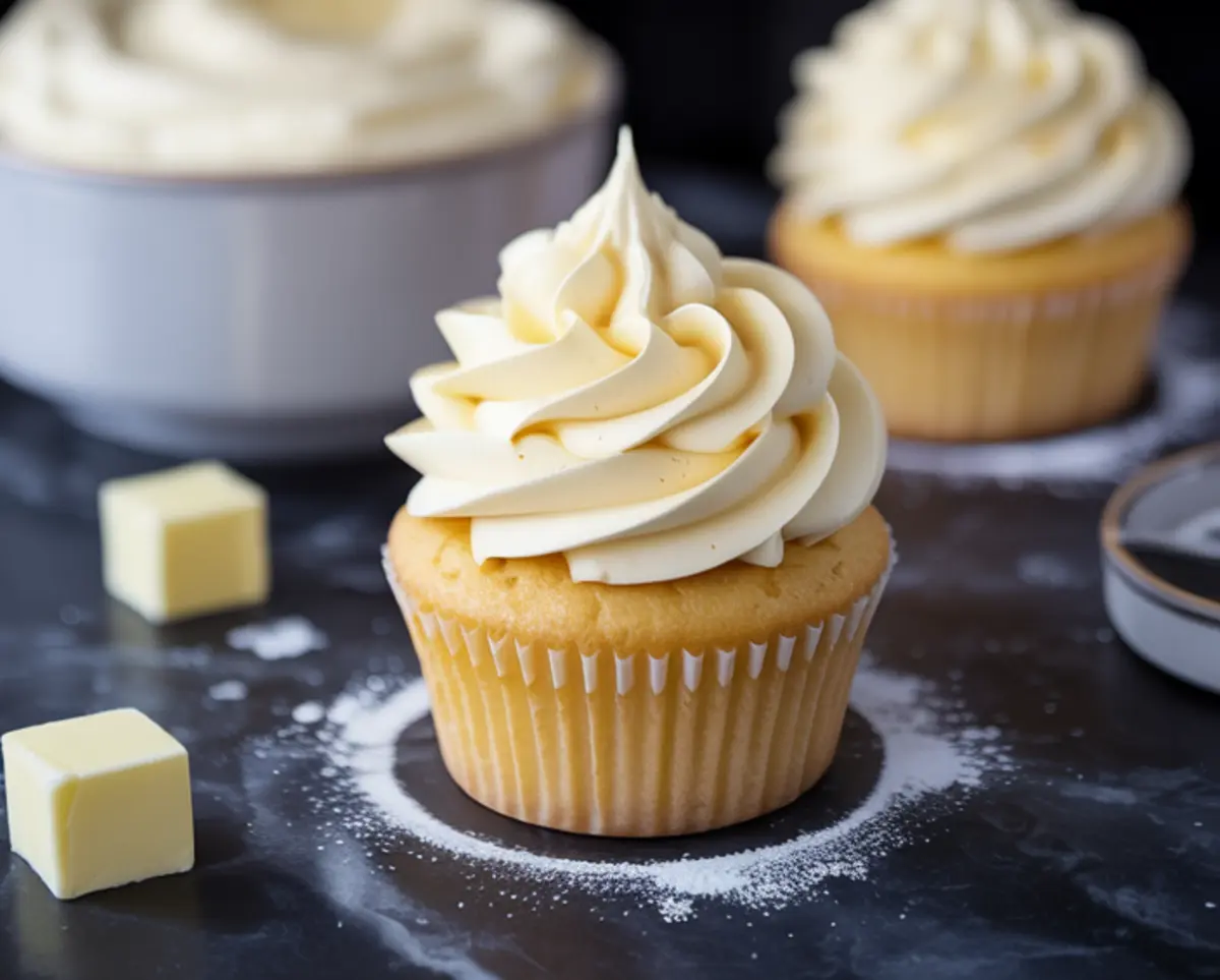 Vanilla cupcake topped with a high swirl of creamy buttercream frosting, surrounded by cubes of butter and a bowl of extra frosting.
