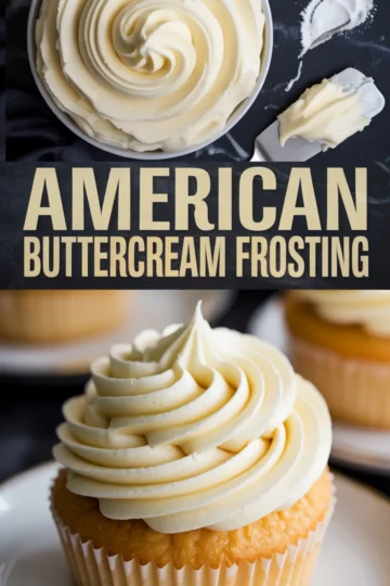 Top image displays a bowl of swirled buttercream frosting with a spatula and powdered sugar on the side; bottom image highlights a frosted cupcake with a smooth, tall swirl, accompanied by the text "American buttercream frosting."