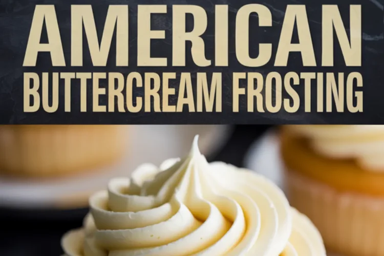 Top image displays a bowl of swirled buttercream frosting with a spatula and powdered sugar on the side; bottom image highlights a frosted cupcake with a smooth, tall swirl, accompanied by the text "American buttercream frosting."