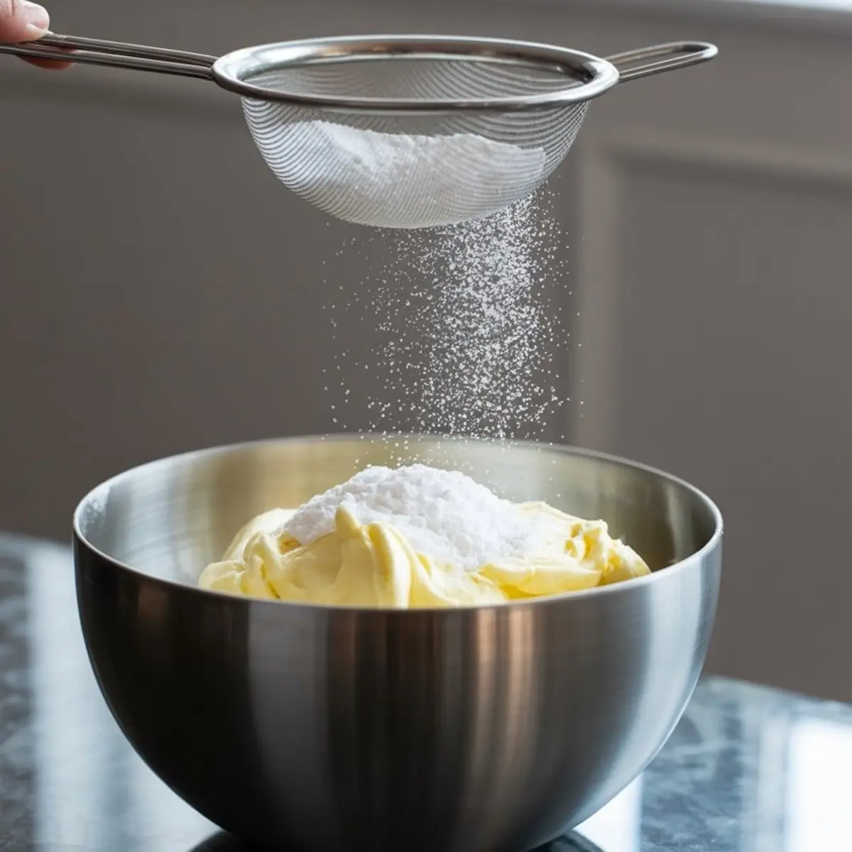 Powdered sugar being sifted over softened butter in a large stainless steel mixing bowl during buttercream preparation.
