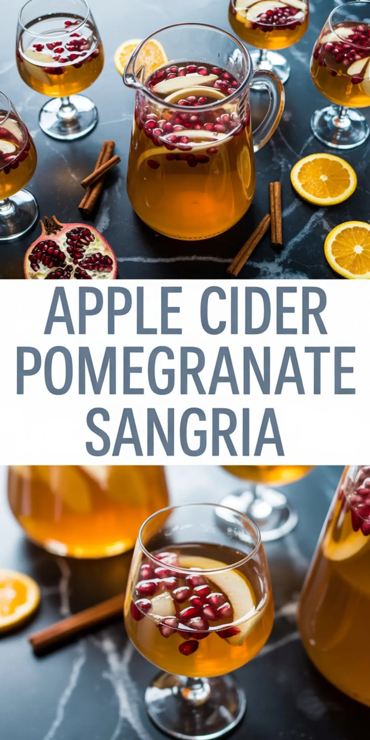 Styled collage featuring a pitcher and multiple glasses of apple cider pomegranate sangria, topped with pomegranate seeds, orange slices, and cinnamon sticks, surrounded by scattered ingredients on a black marble tabletop.
