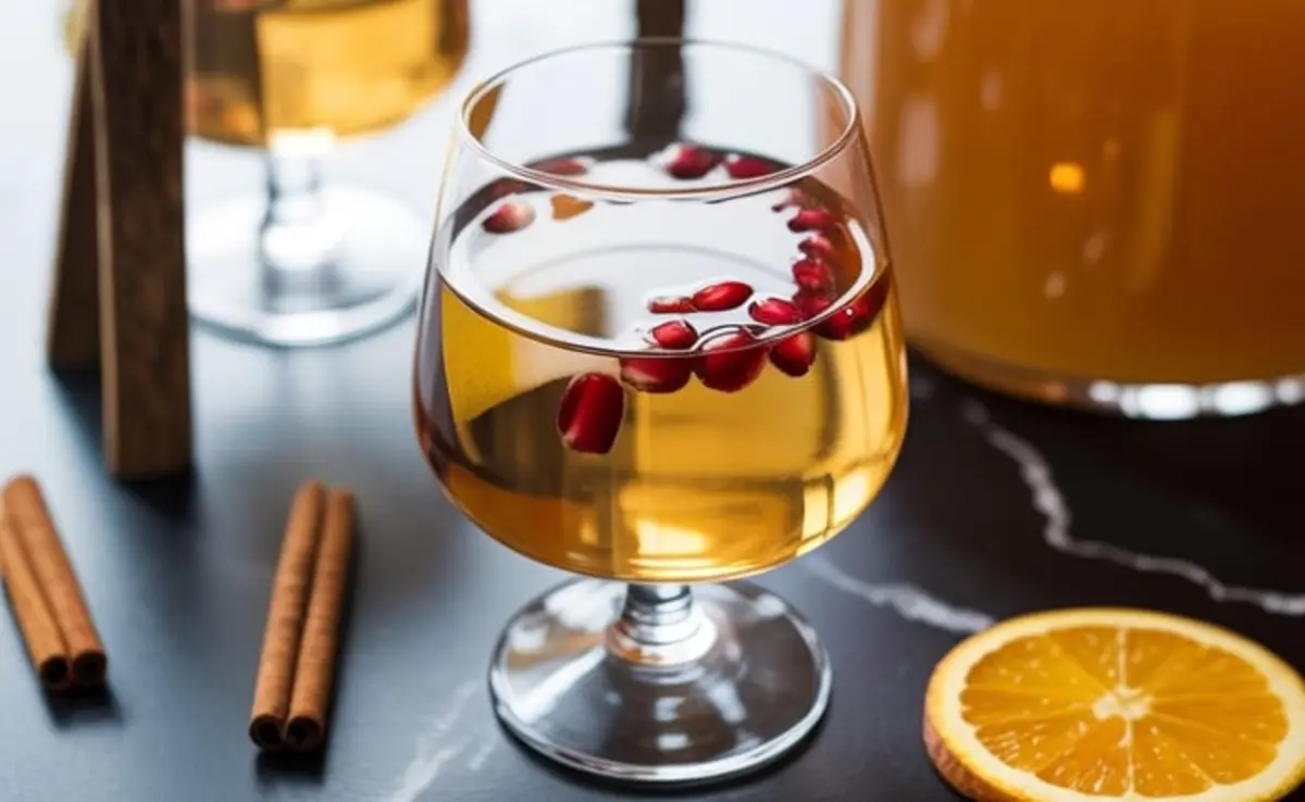 Glass of apple cider sangria on a dark surface, filled with golden liquid and garnished with floating pomegranate arils and a thin apple slice, surrounded by cinnamon sticks and a sliced orange.
