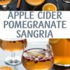 Bright collage of apple cider pomegranate sangria served in rounded glasses with floating apple slices and pomegranate seeds, paired with cinnamon sticks and citrus slices on a black stone background.