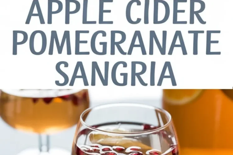 Bright collage of apple cider pomegranate sangria served in rounded glasses with floating apple slices and pomegranate seeds, paired with cinnamon sticks and citrus slices on a black stone background.