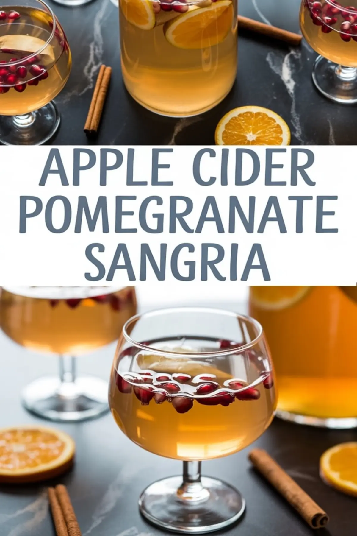 Bright collage of apple cider pomegranate sangria served in rounded glasses with floating apple slices and pomegranate seeds, paired with cinnamon sticks and citrus slices on a black stone background.
