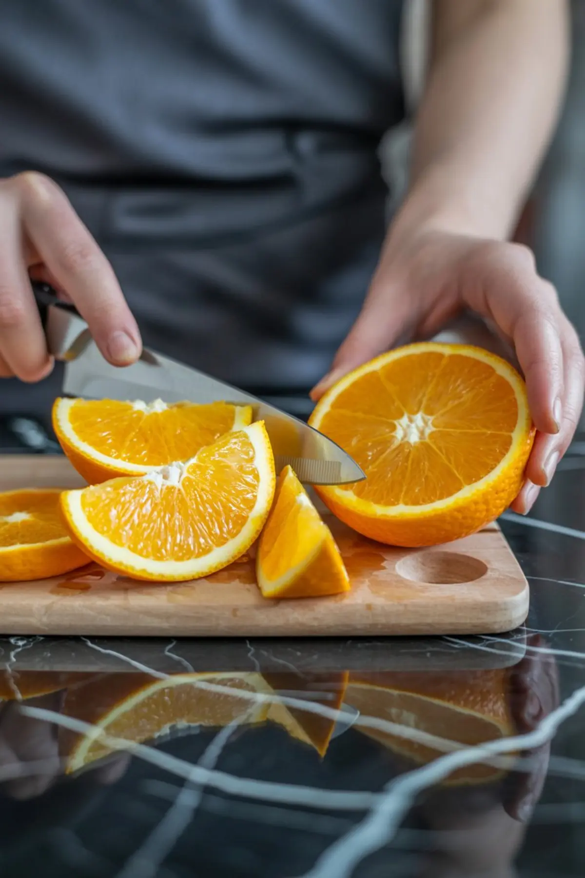 Close-up of hands slicing a fresh orange on a wooden cutting board, with vibrant orange wedges arranged on a dark marble countertop.
