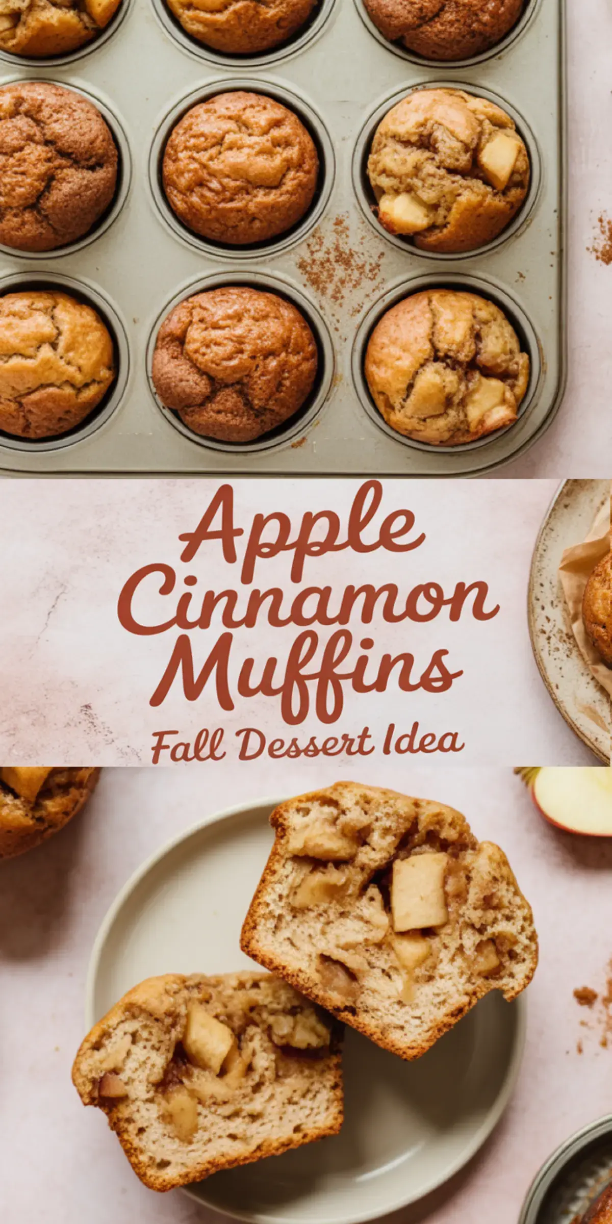 Collage showing a tray of golden-brown apple cinnamon muffins above, with a close-up of a sliced muffin on a plate below, and text in the center reading “Apple Cinnamon Muffins Fall Dessert Idea” on a pink background.
