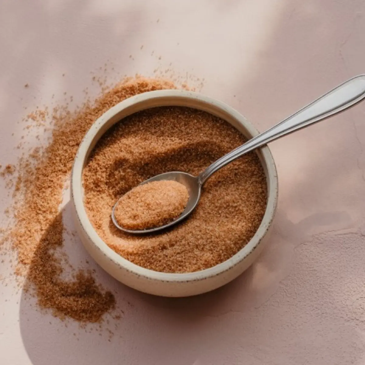 Bowl of cinnamon sugar with a spoon resting on top, surrounded by scattered cinnamon sugar on a pink textured background.