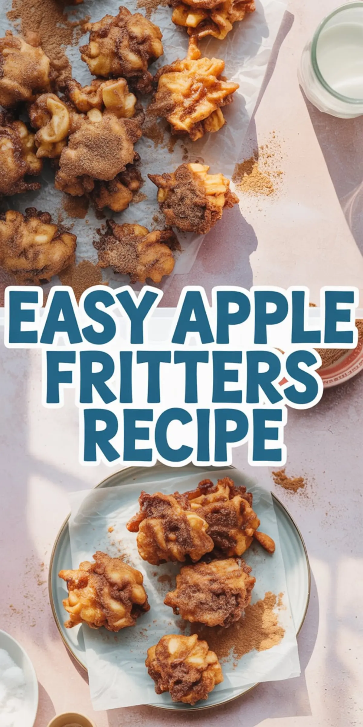 Fried apple fritters topped with cinnamon sugar, shown on parchment paper and a round plate, styled with milk and spices for a warm fall dessert recipe setting.
