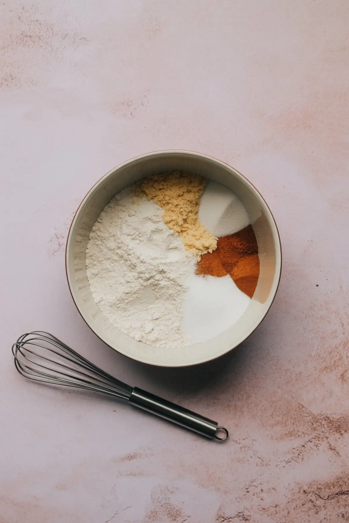 Bowl of dry ingredients including flour, sugar, cinnamon, and spices arranged in sections, placed on a pink background next to a metal whisk.
