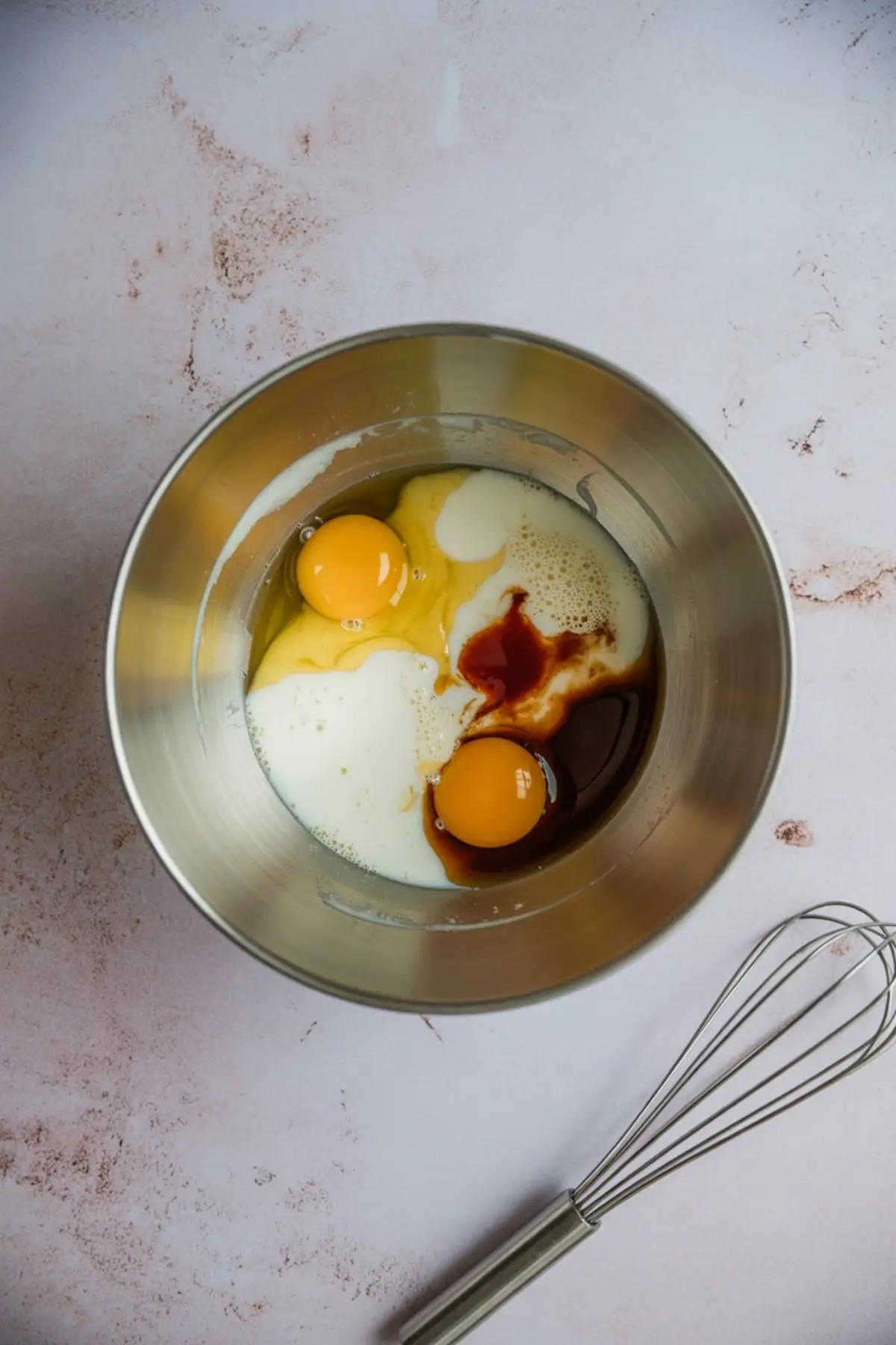 Metal mixing bowl with eggs, vanilla extract, and milk ready for whisking, captured beside a metal balloon whisk on a textured pink countertop.

